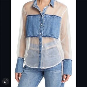 FRAME Atelier Sheer Insert Denim Button-Up Shirt in Azul